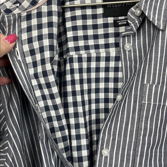 Wild Fang Womens Button Up Shirt M Gray White Stripe Pocket Checkered Interior - Picture 8 of 15